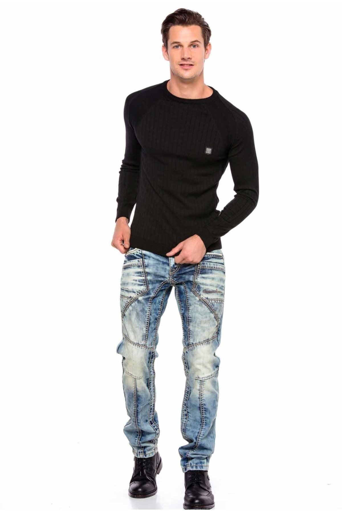 CD535 men's comfortable jeans with modern decorative stitching