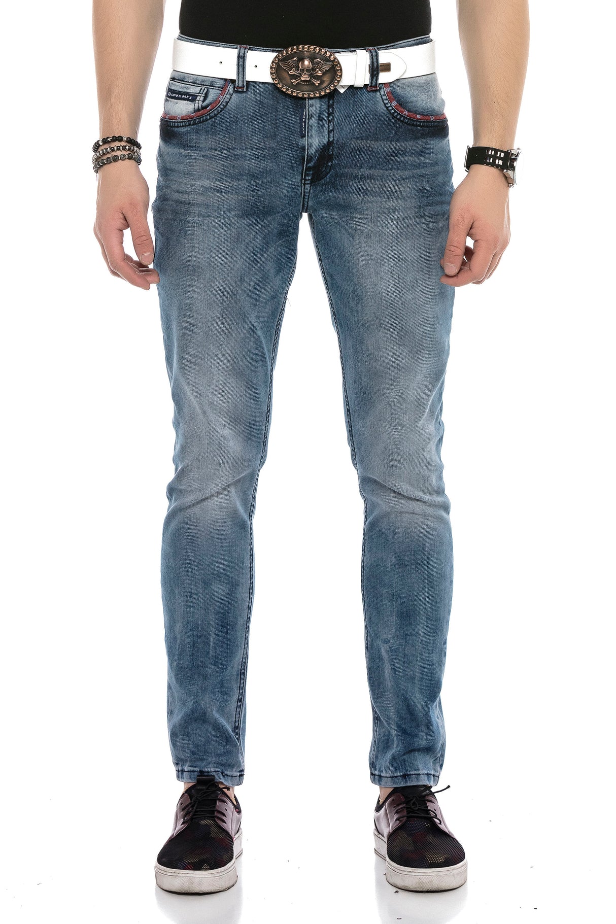 CD569 Men Jeans Slim Fit Stonewashed Casual Look with thick seams