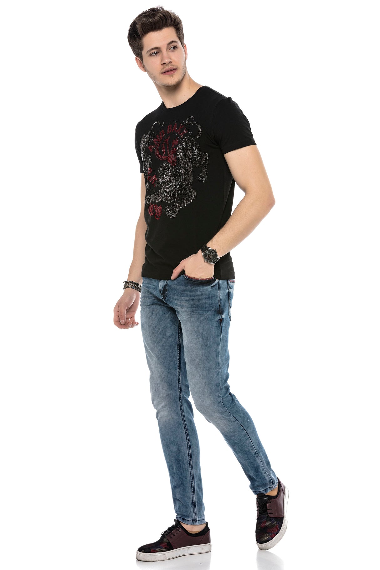 CD569 Men Jeans Slim Fit Stonewashed Casual Look with thick seams