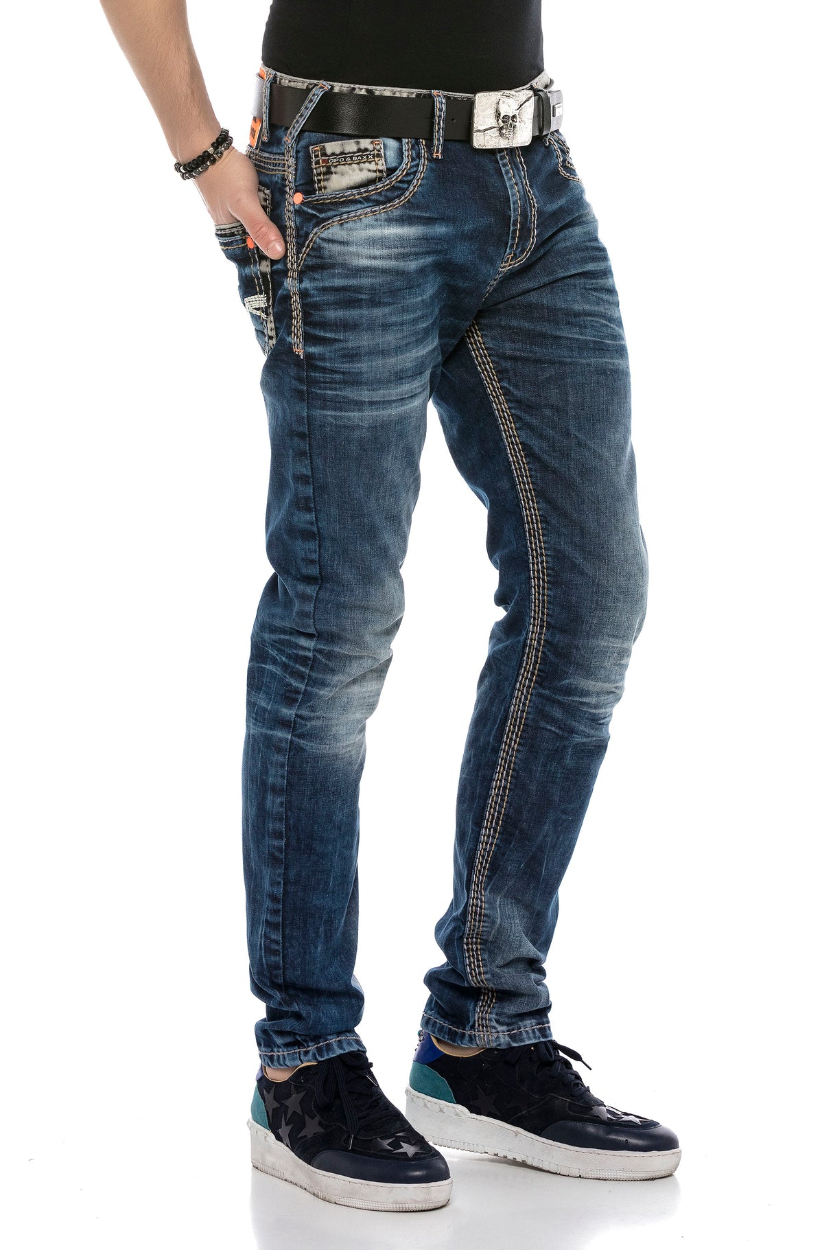 CD593 Men's comfortable jeans with wide decorative stitching