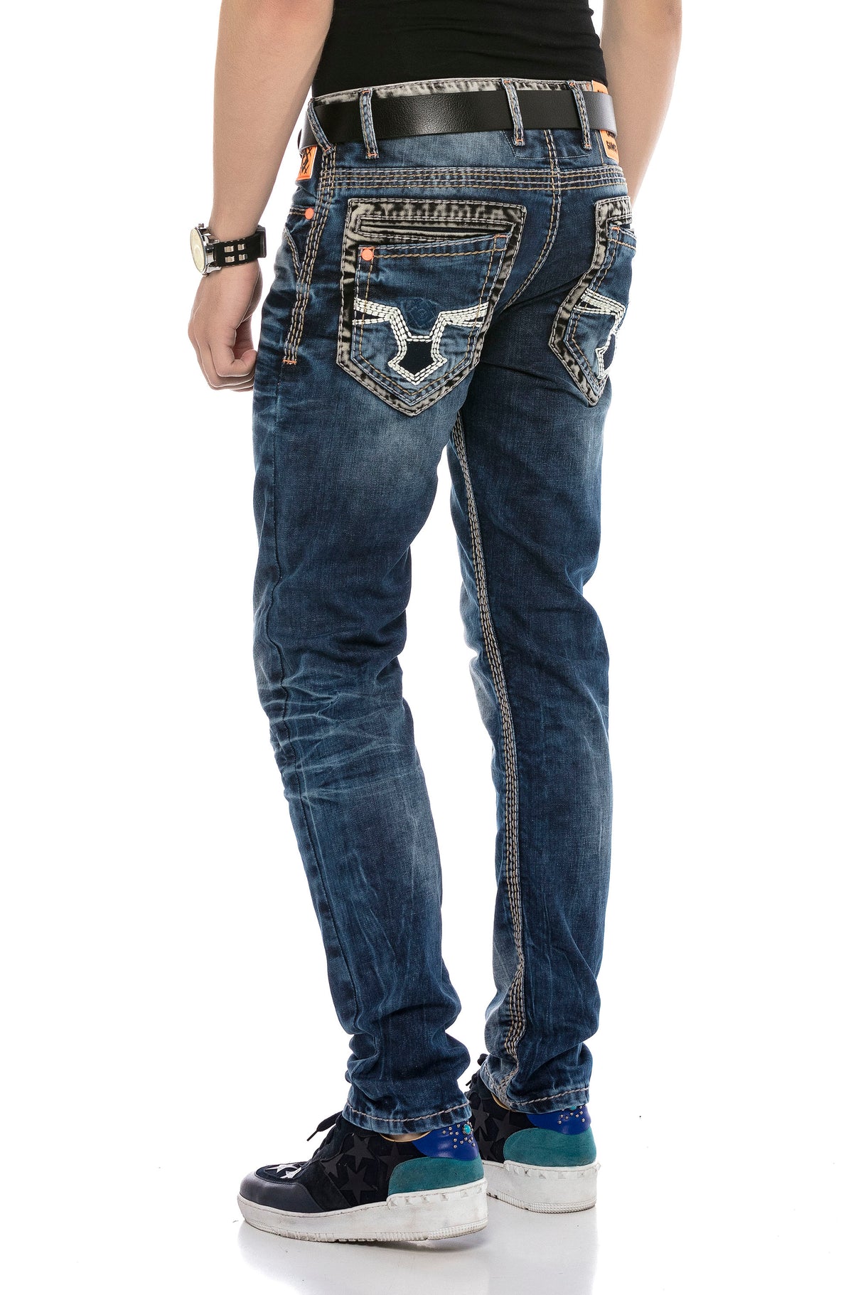 CD593 Men's comfortable jeans with wide decorative stitching