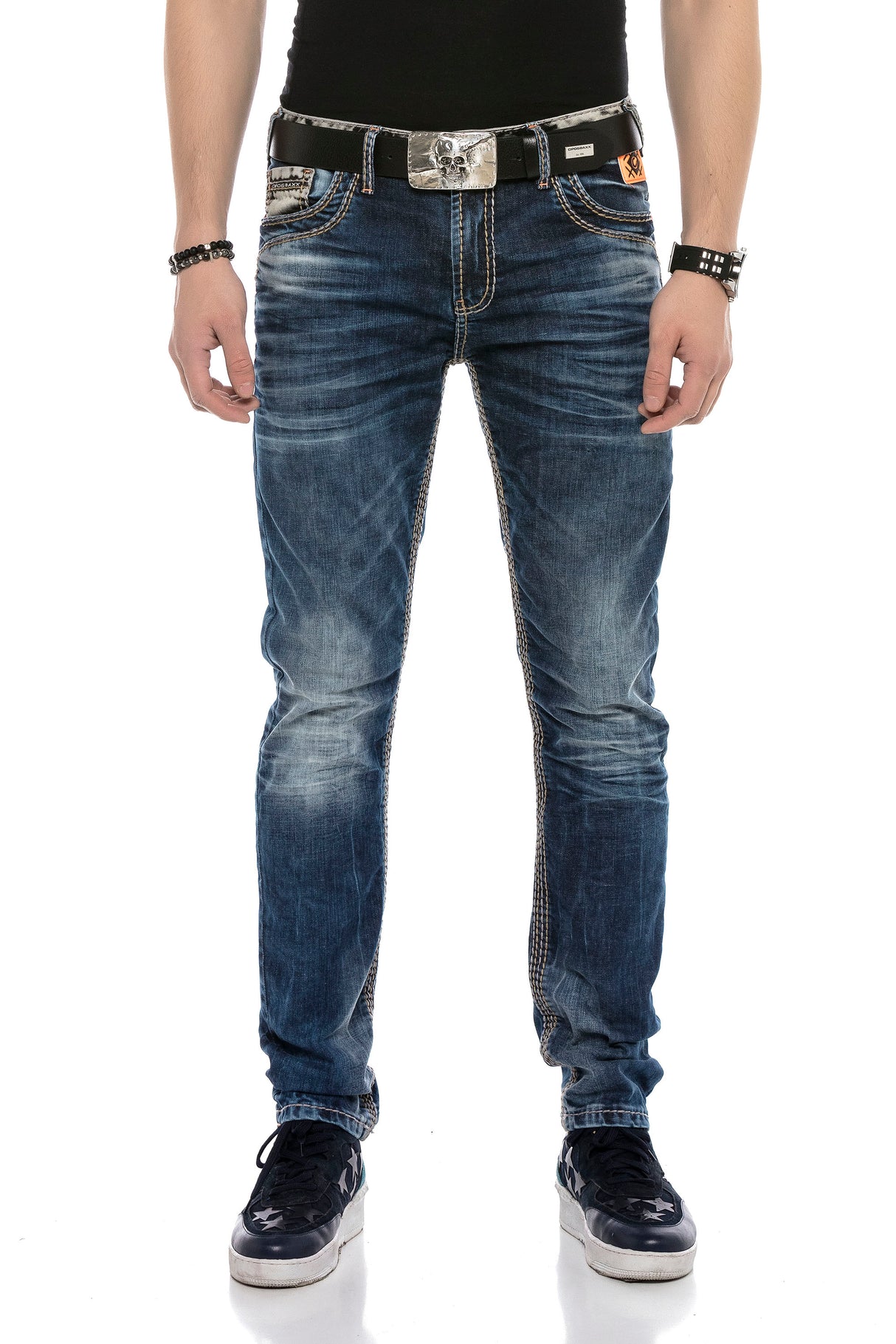 CD593 Men's comfortable jeans with wide decorative stitching