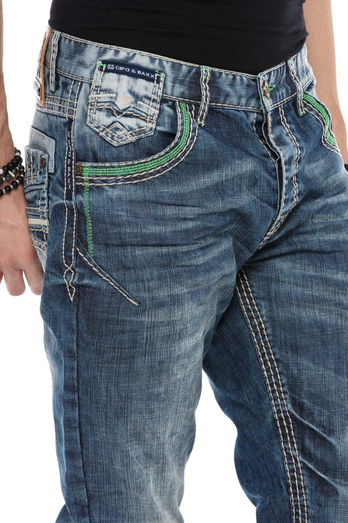 CD597 men's comfortable jeans with striking decorative stitching