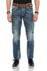 CD597 men's comfortable jeans with striking decorative stitching