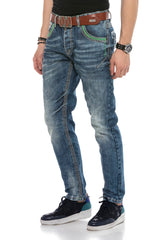 CD597 men's comfortable jeans with striking decorative stitching