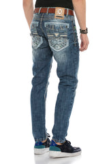 CD597 men's comfortable jeans with striking decorative stitching