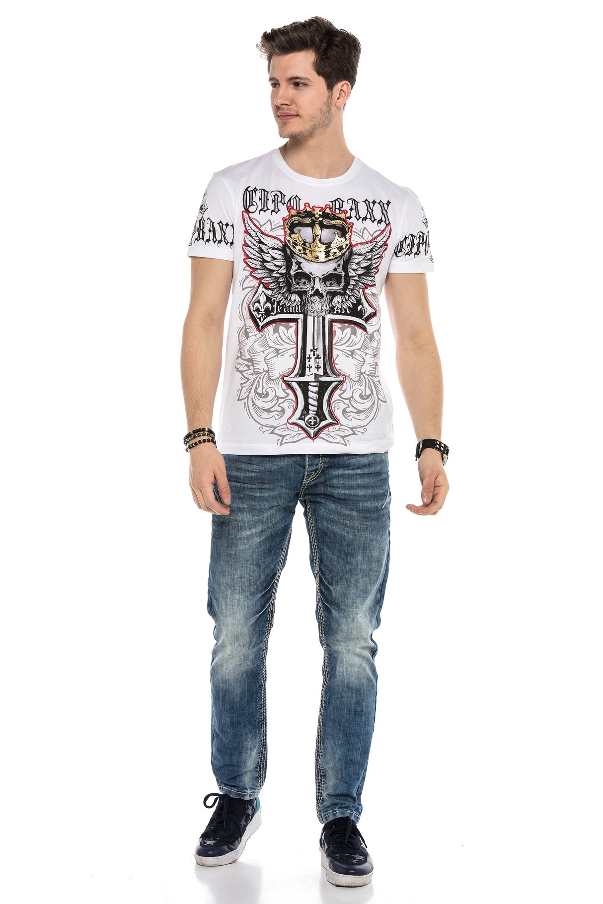 CD597 men's comfortable jeans with striking decorative stitching