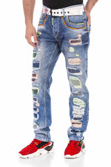 CD720 Hombres directos jeans con detalles destruidos de colores