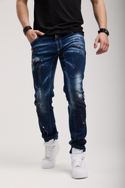 CD783 Męskie Jeansy Slim Fit – Niebieski Denim z Farbą Rozpryskaną
