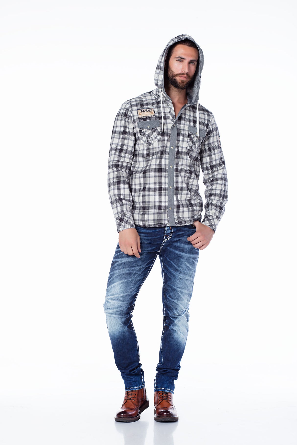 CH128 men's long -sleeved shirt in trendy carod design