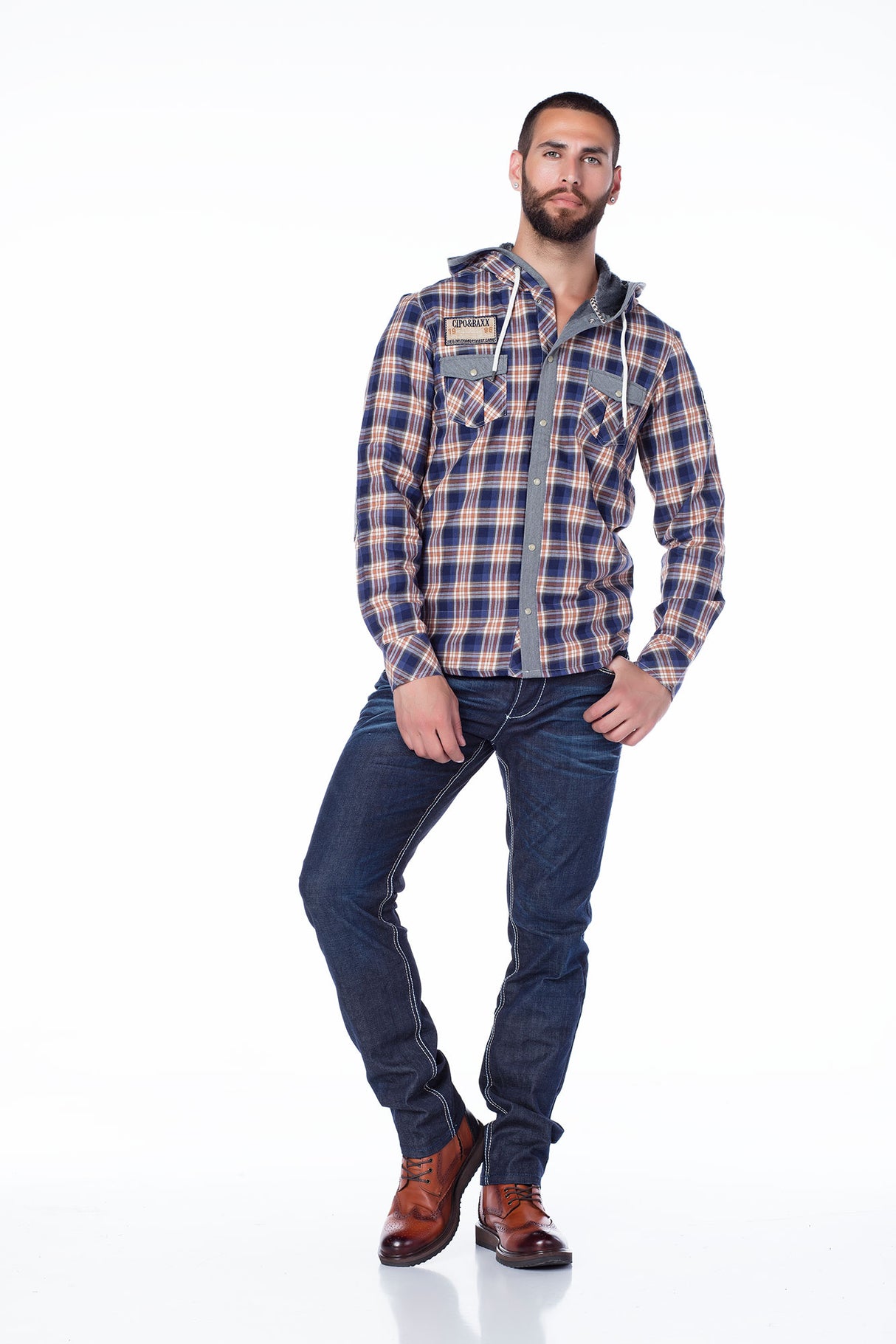 CH128 men's long -sleeved shirt in trendy carod design