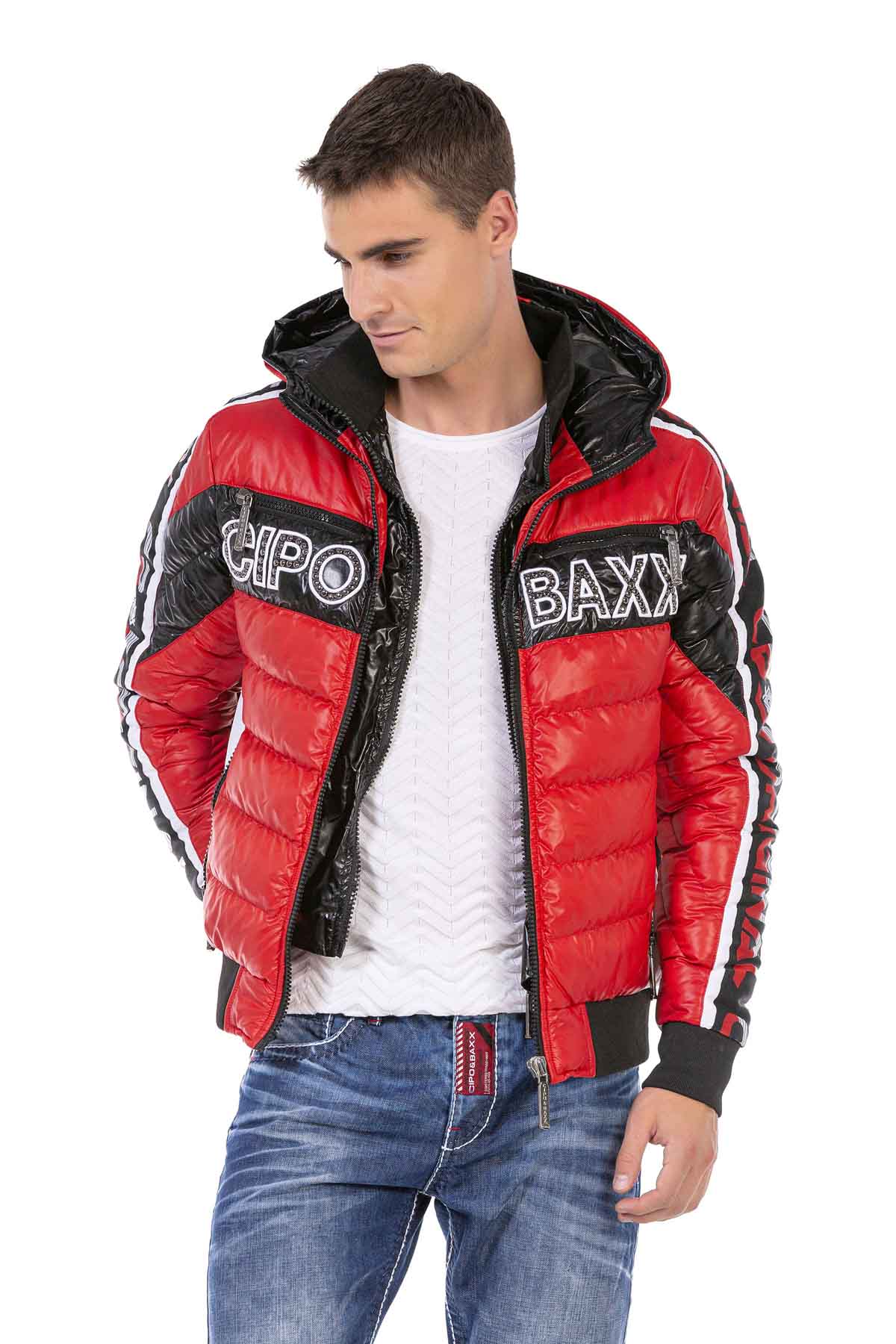 Cipo & Baxx men's quilted jacket jacket winter jacket hood zipper CJ268 Red  – Cipo and Baxx