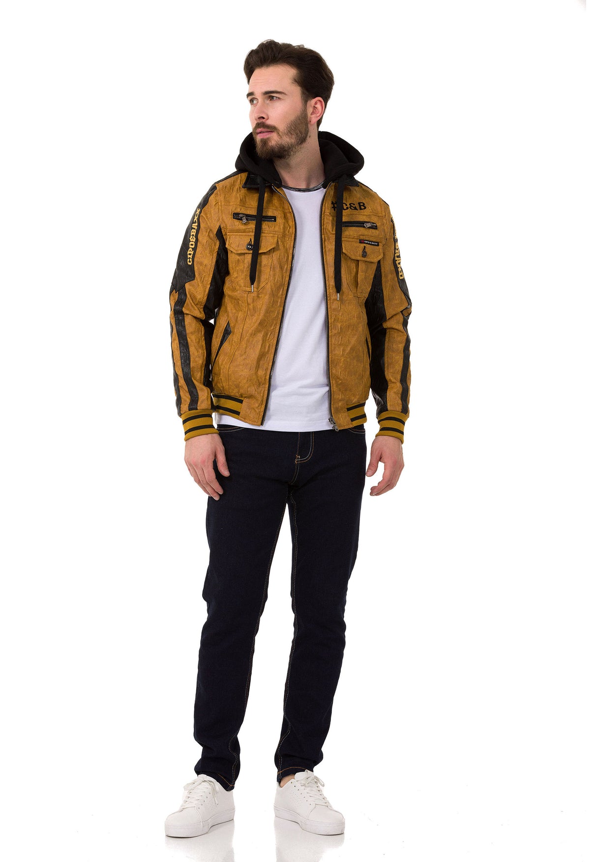 CJ284 Veste en cuir synthétique masculin cagoulé dans un look cool