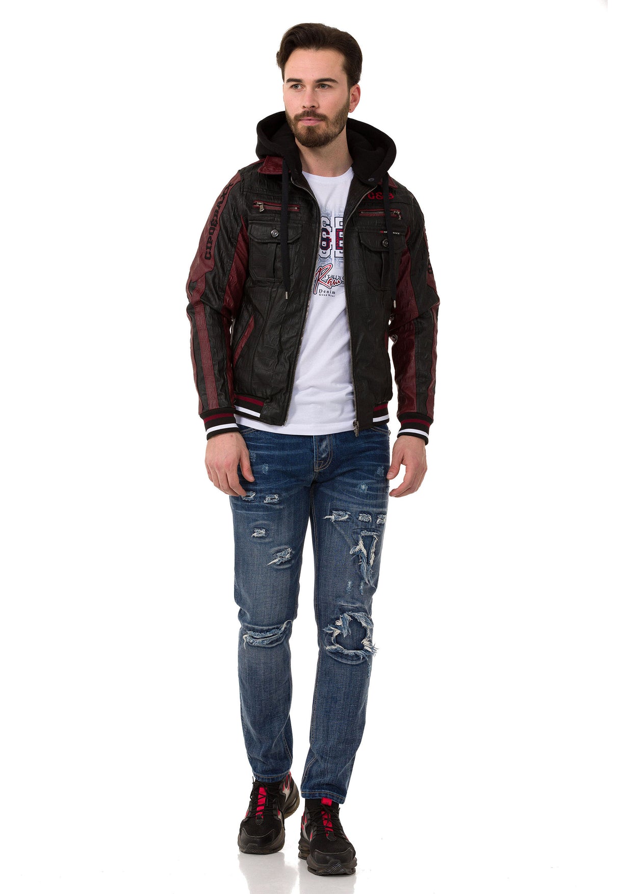 CJ284 Veste en cuir synthétique masculin cagoulé dans un look cool