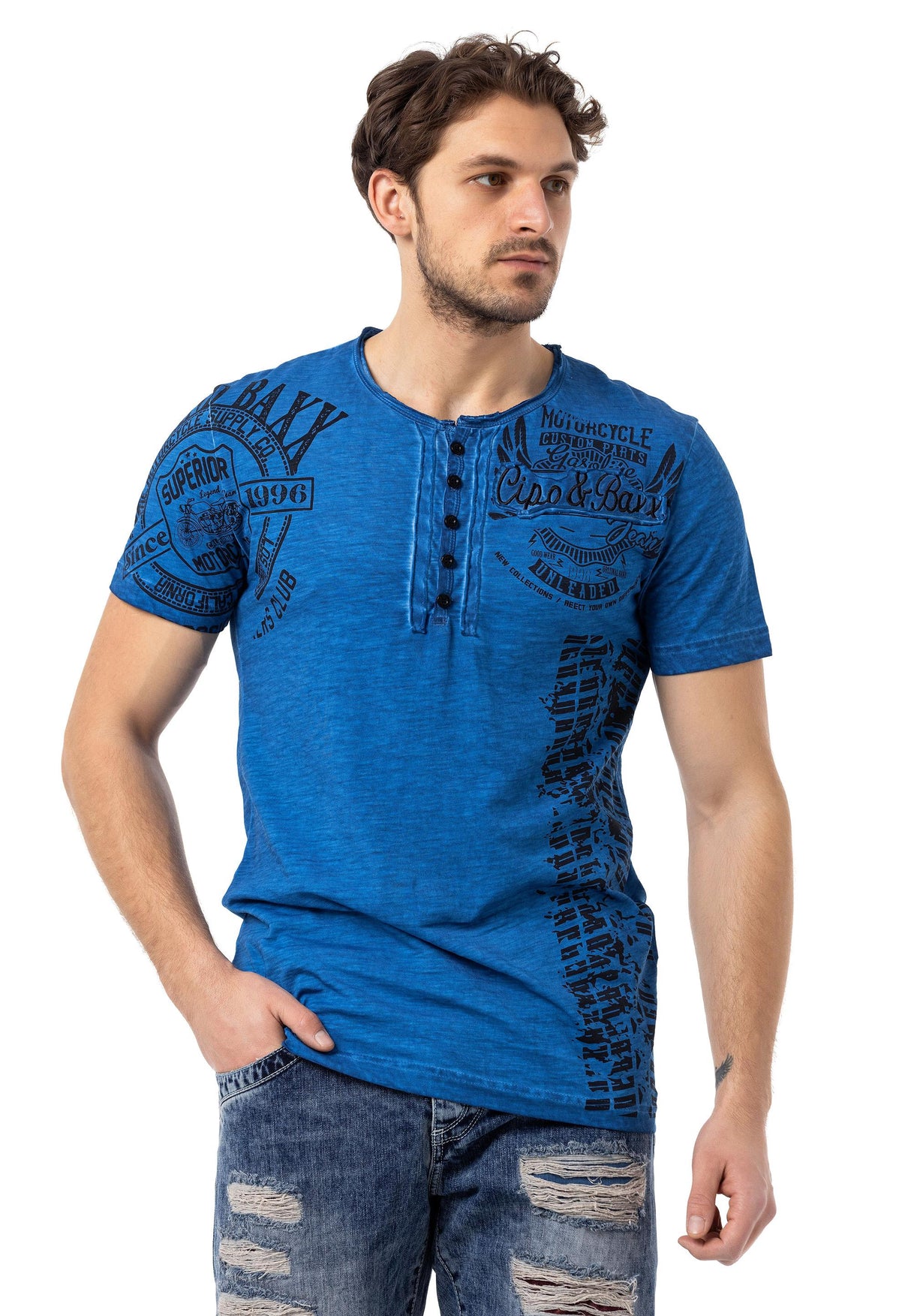 CT789 Heren Biker T-shirt met Ronde Hals