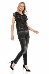 WD437 women slim-fit jeans with trendy decorative stitching