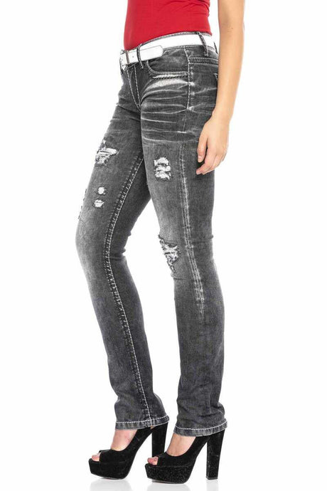 WD432 jeans tube da donna con elementi distrutti alla moda