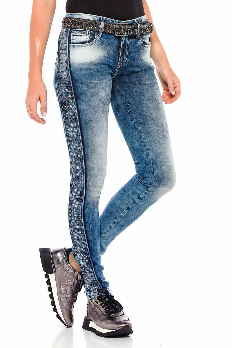 WD390 Mujeres Jeans delgados con tira lateral en el aspecto de brillo