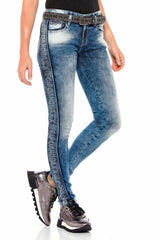 WD390 Damen Slim-Fit-Jeans mit Seitenstreifen im Glitzer Look