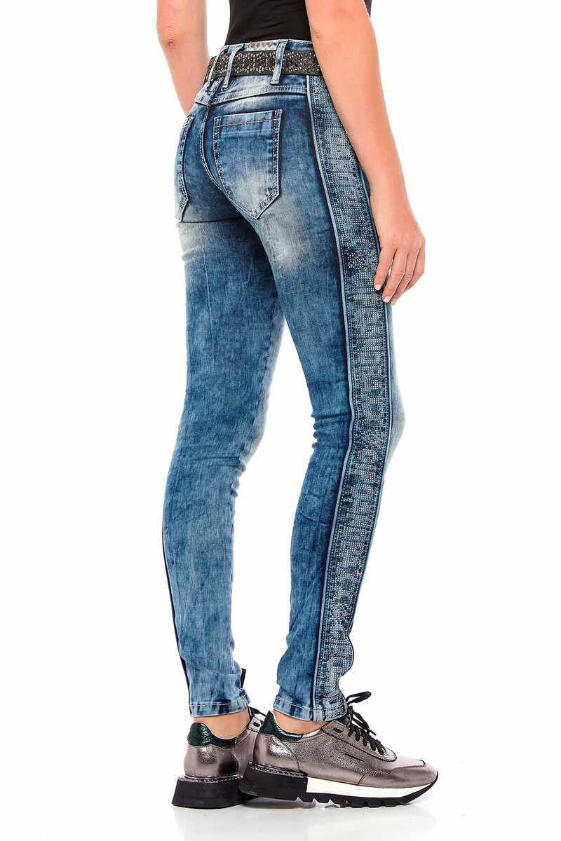 WD390 Damen Slim-Fit-Jeans mit Seitenstreifen im Glitzer Look