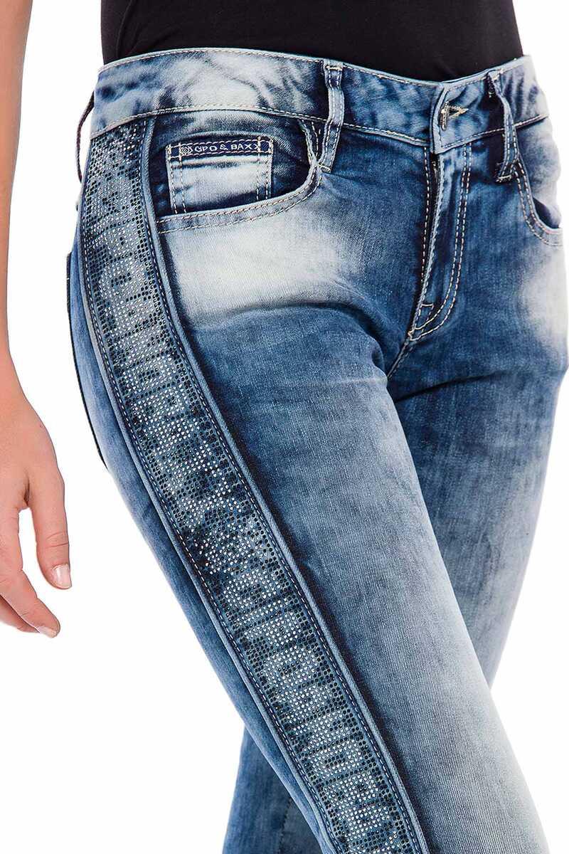 WD390 Mujeres Jeans delgados con tira lateral en el aspecto de brillo