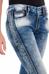 WD390 Damen Slim-Fit-Jeans mit Seitenstreifen im Glitzer Look