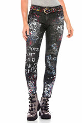 WD389 women Slim-Fit jeans with unique paint elements in straight fit