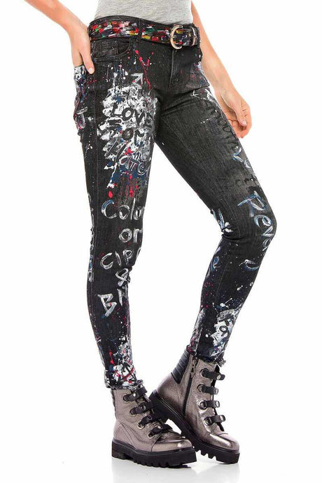 WD389 Slim-Fit Dames Jeans met unieke Paint-Elementen in Straight Fit