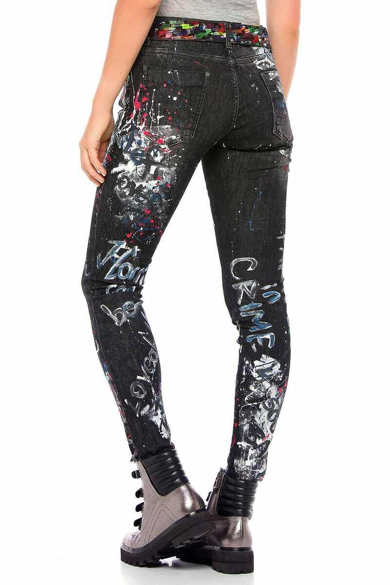 WD389 women Slim-Fit jeans with unique paint elements in straight fit