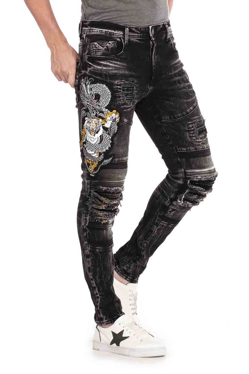 CD486 Men's Slim-Fit jeans with a large animal motif