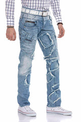 CD617 men's comfortable jeans in trendy patchwork design