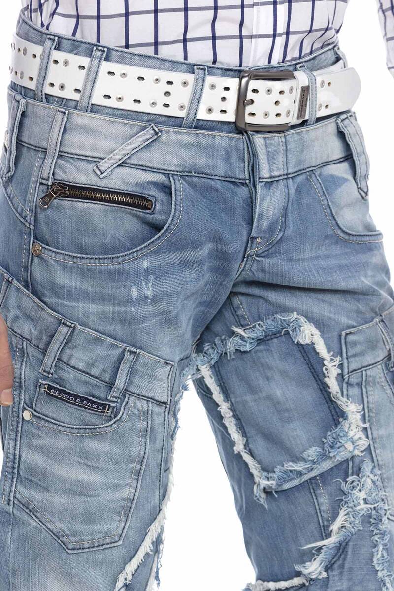 CD617 men's comfortable jeans in trendy patchwork design