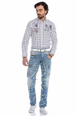 CD617 men's comfortable jeans in trendy patchwork design