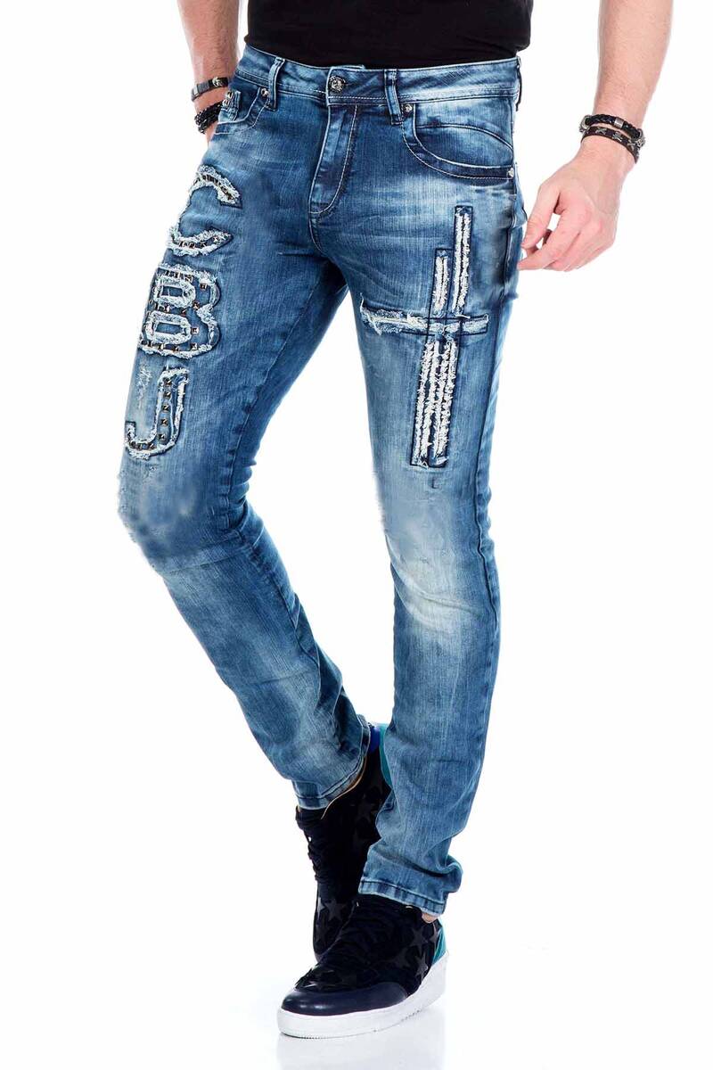 CD431 Herren Slim-Fit-Jeans mit Nieten und Aufnäher in Straight Fit