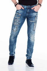 CD431 Herren Slim-Fit-Jeans mit Nieten und Aufnäher in Straight Fit
