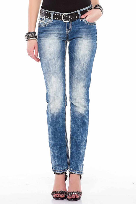 WD201 Damen Slim-Fit-Jeans mit weißen Nähten in Straight Fit