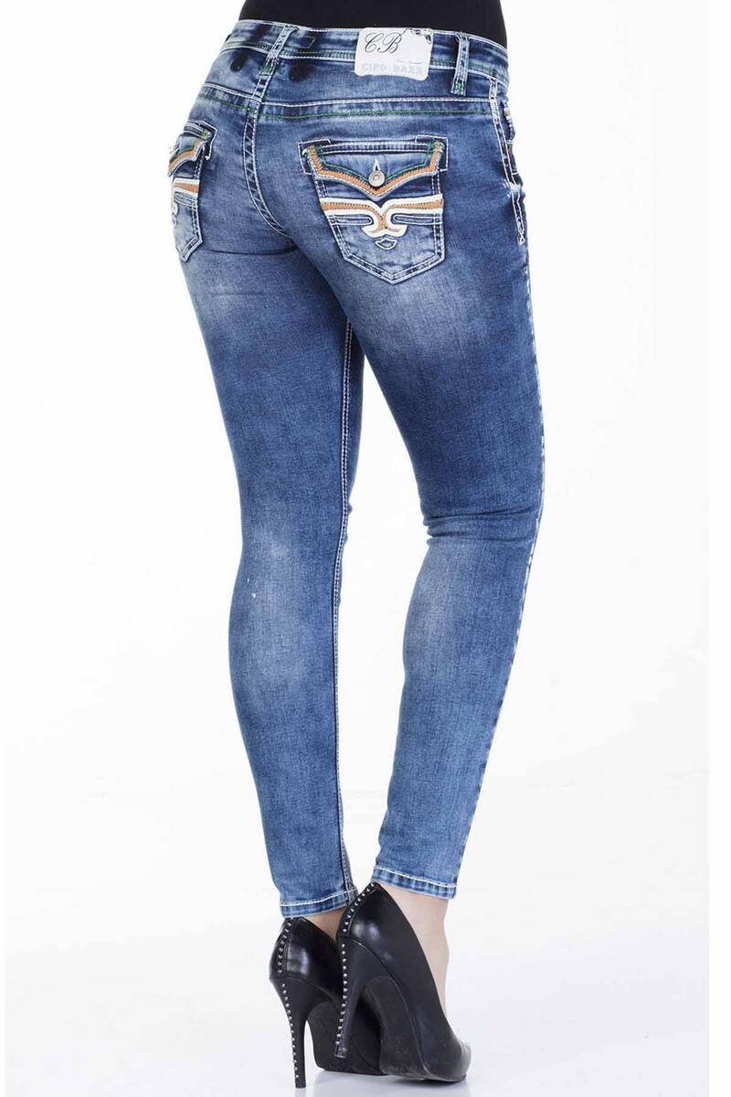 WD242 Mujeres Jeans delgados con elementos usados