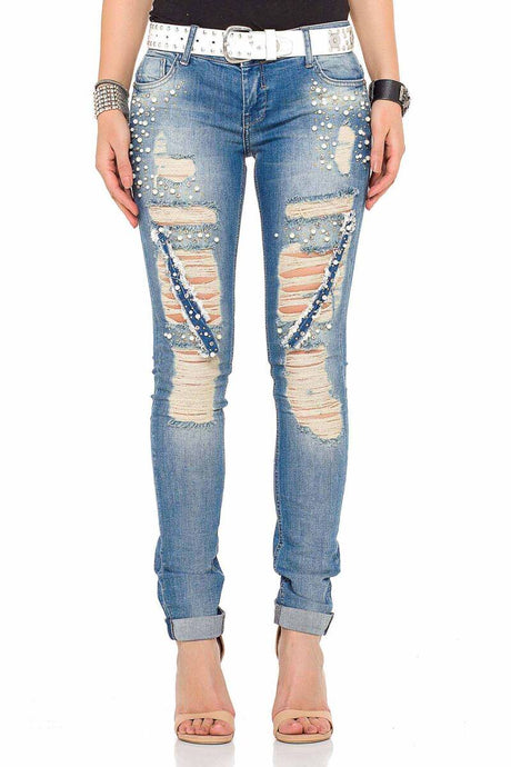 WD338 Damen bequeme Jeans mit besonderen Destroyed-Elementen in Skinny Fit