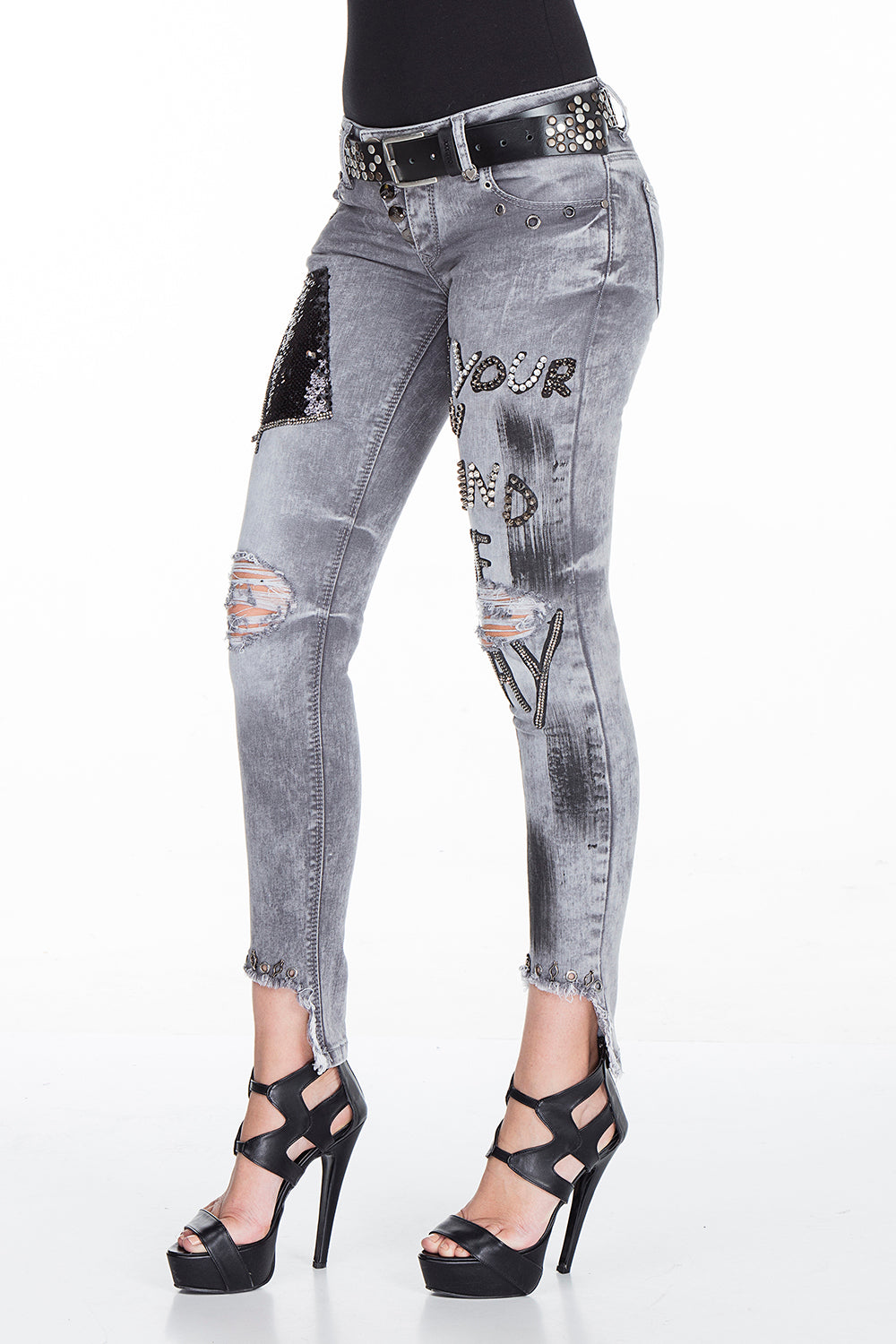 WD317 Mujeres jeans cómodas con parches y lentejuelas