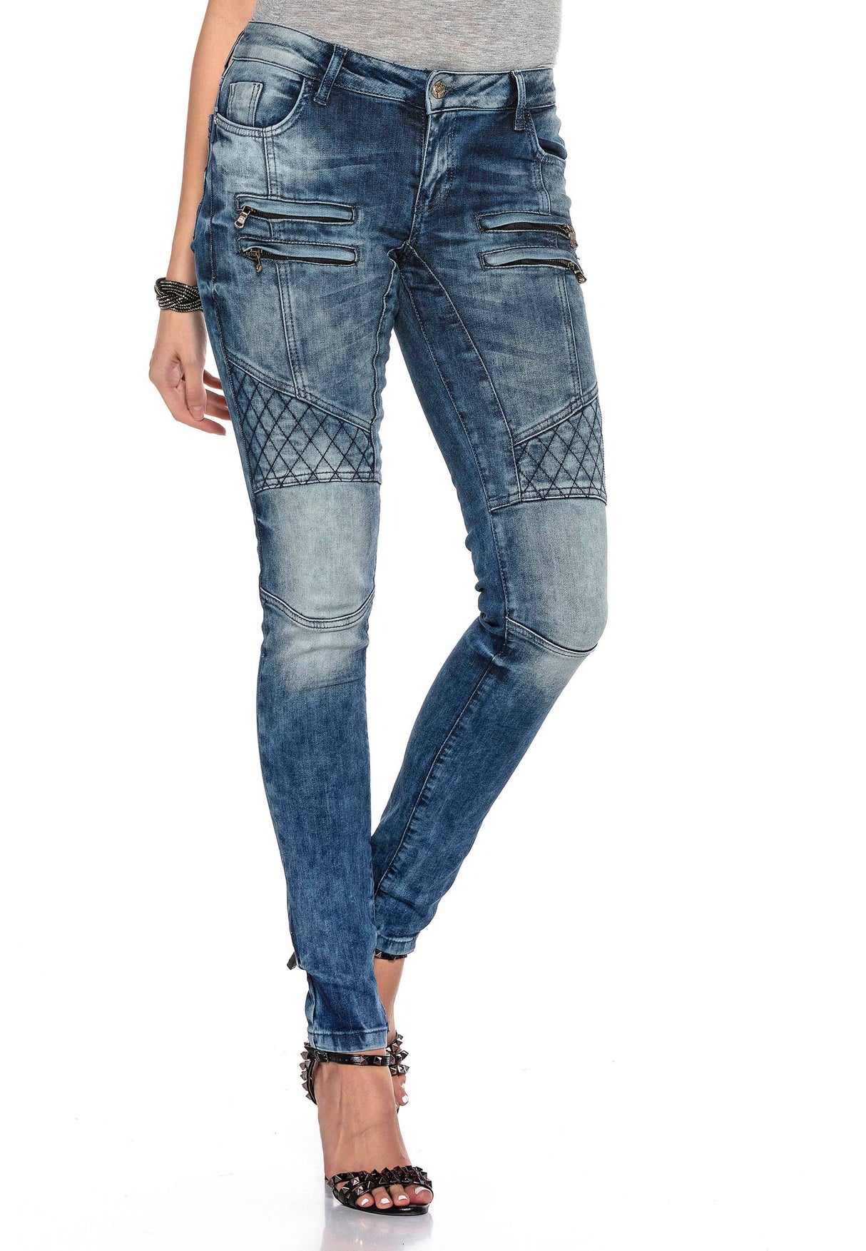 WD378 Women's tube jeans with trendy biker elements