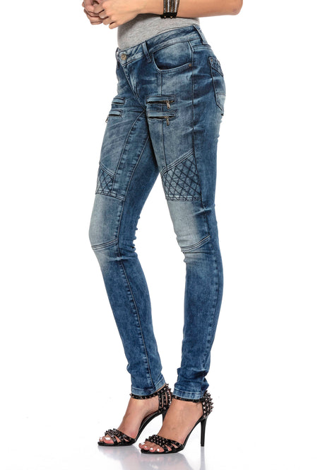 WD378 Jeans de tube féminin avec des éléments de motard à la mode