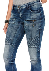 WD378 Women's tube jeans with trendy biker elements