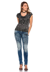 WD378 Women's tube jeans with trendy biker elements