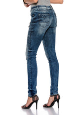 WD378 Jeans de tube féminin avec des éléments de motard à la mode