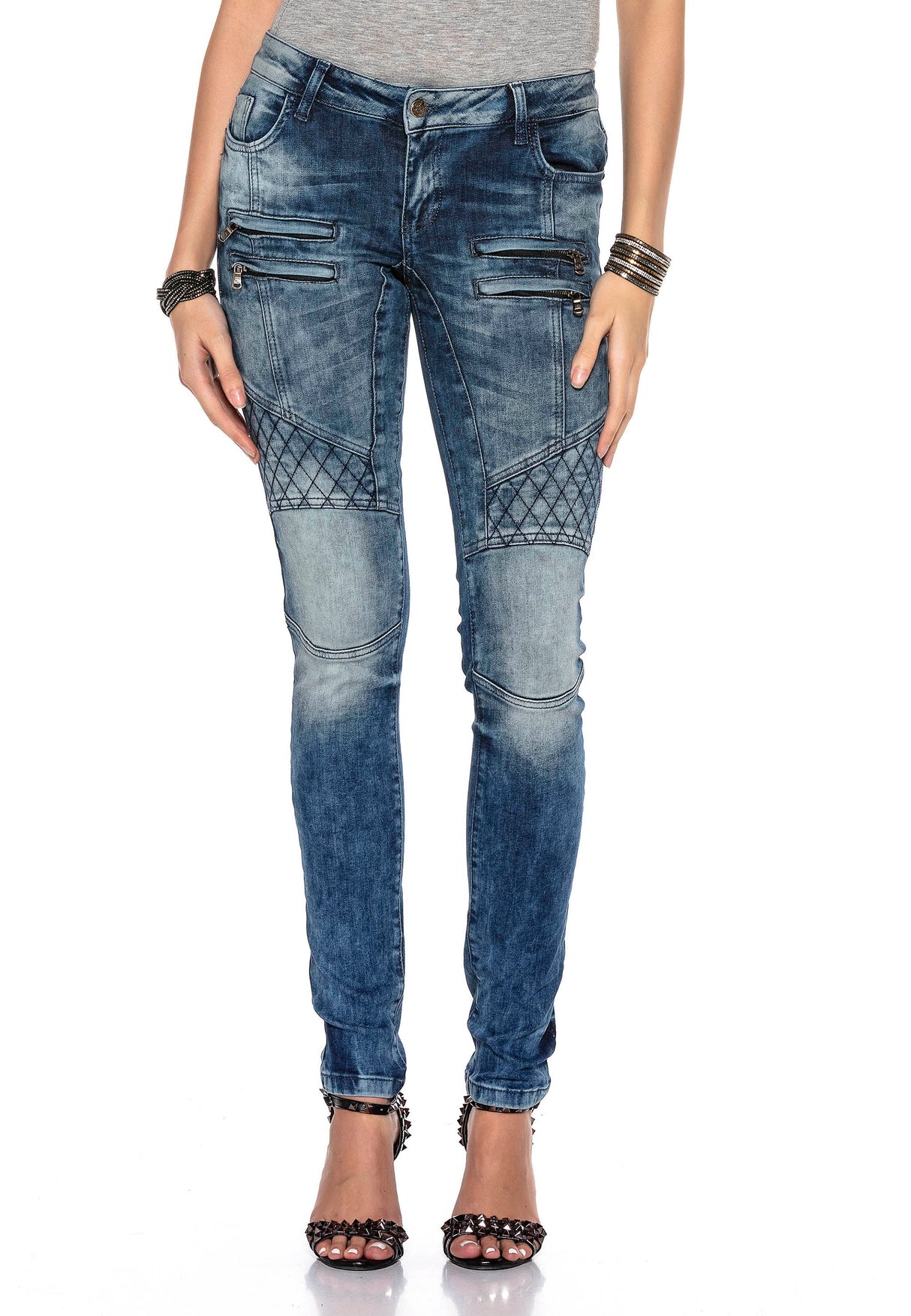 WD378 Women's tube jeans with trendy biker elements