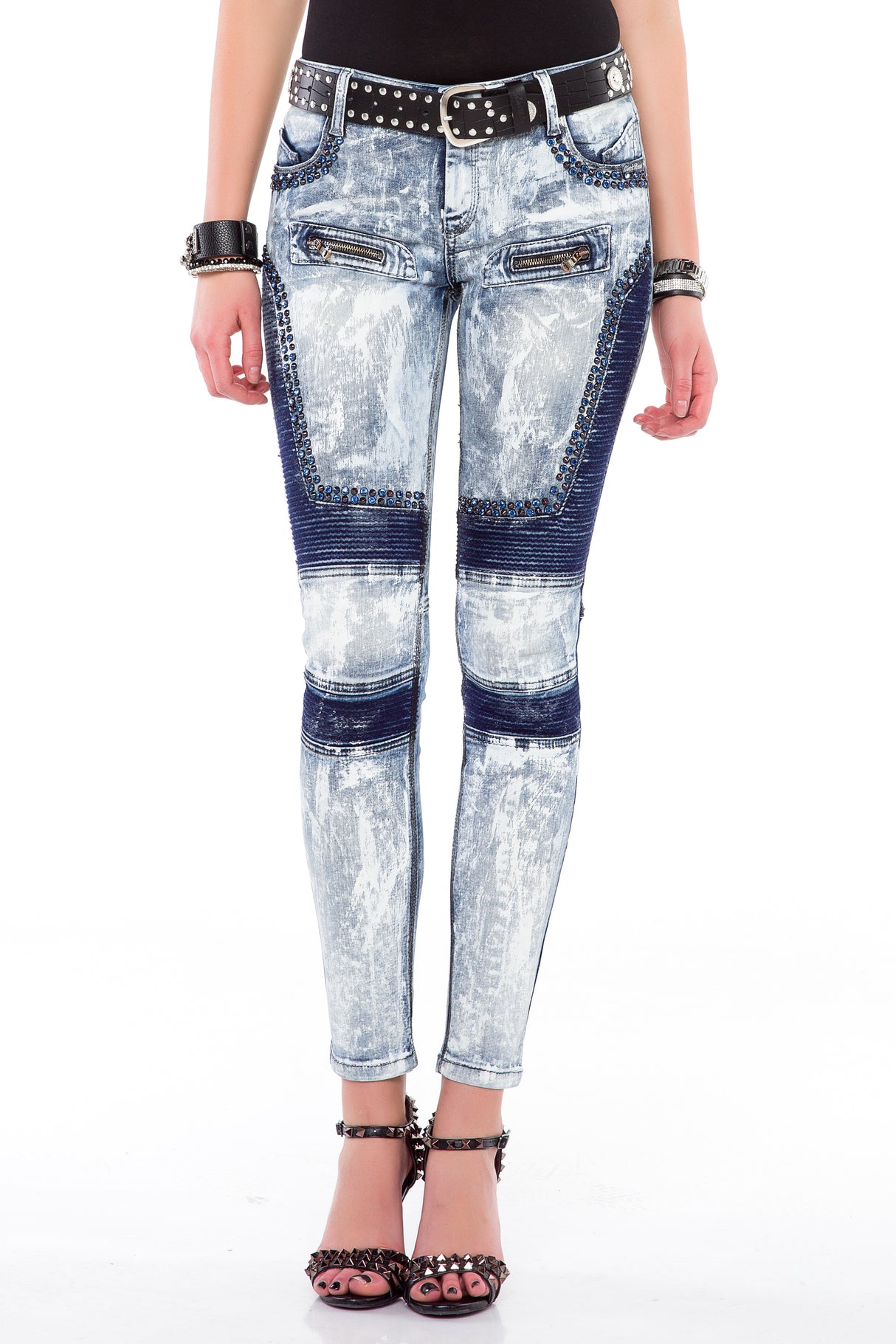 WD374 Women's tube jeans with biker elements in Skinny Fit