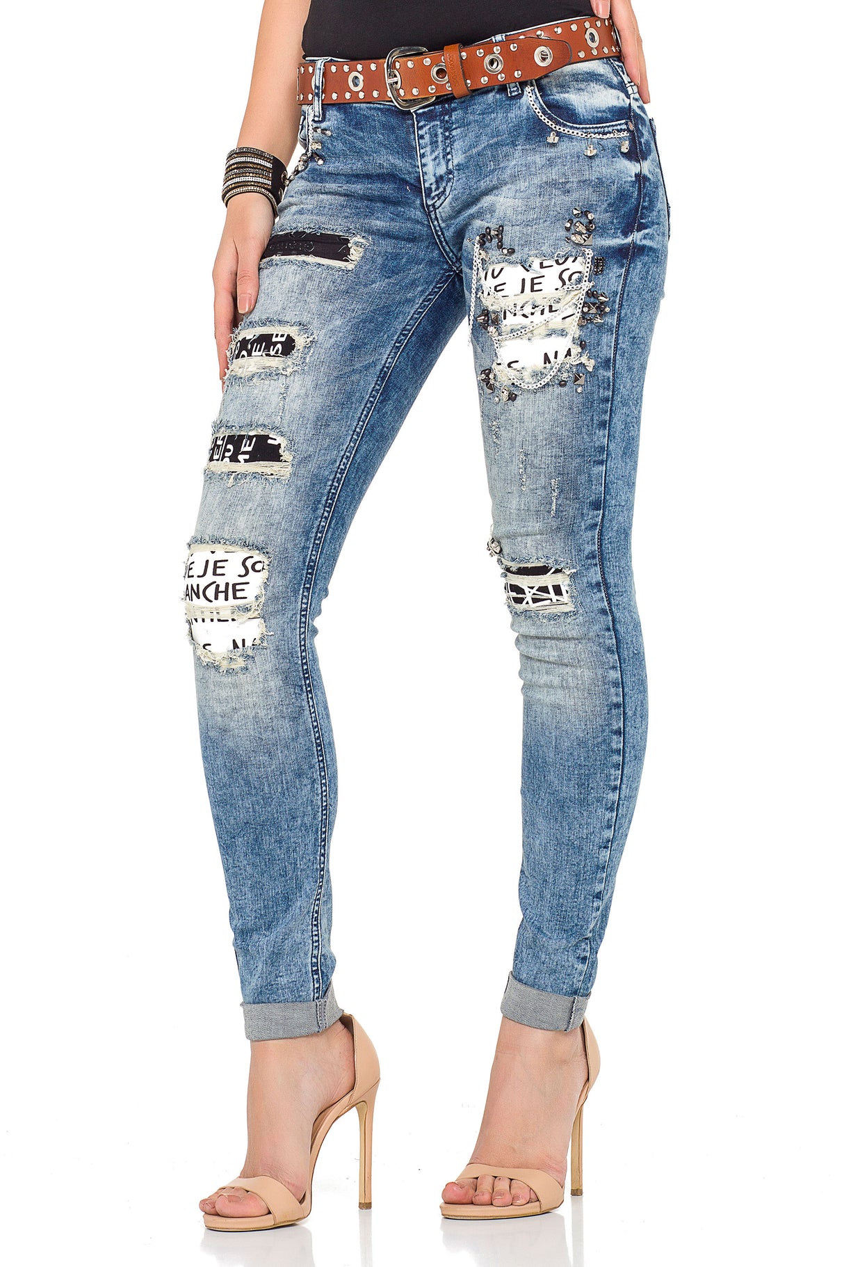 WD339 Jeans slim-fit con parches para mujer