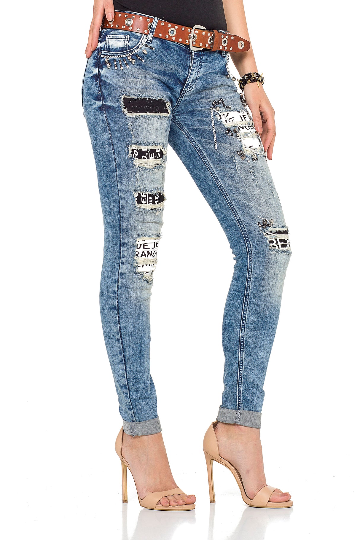 WD339 Jeans slim-fit con parches para mujer