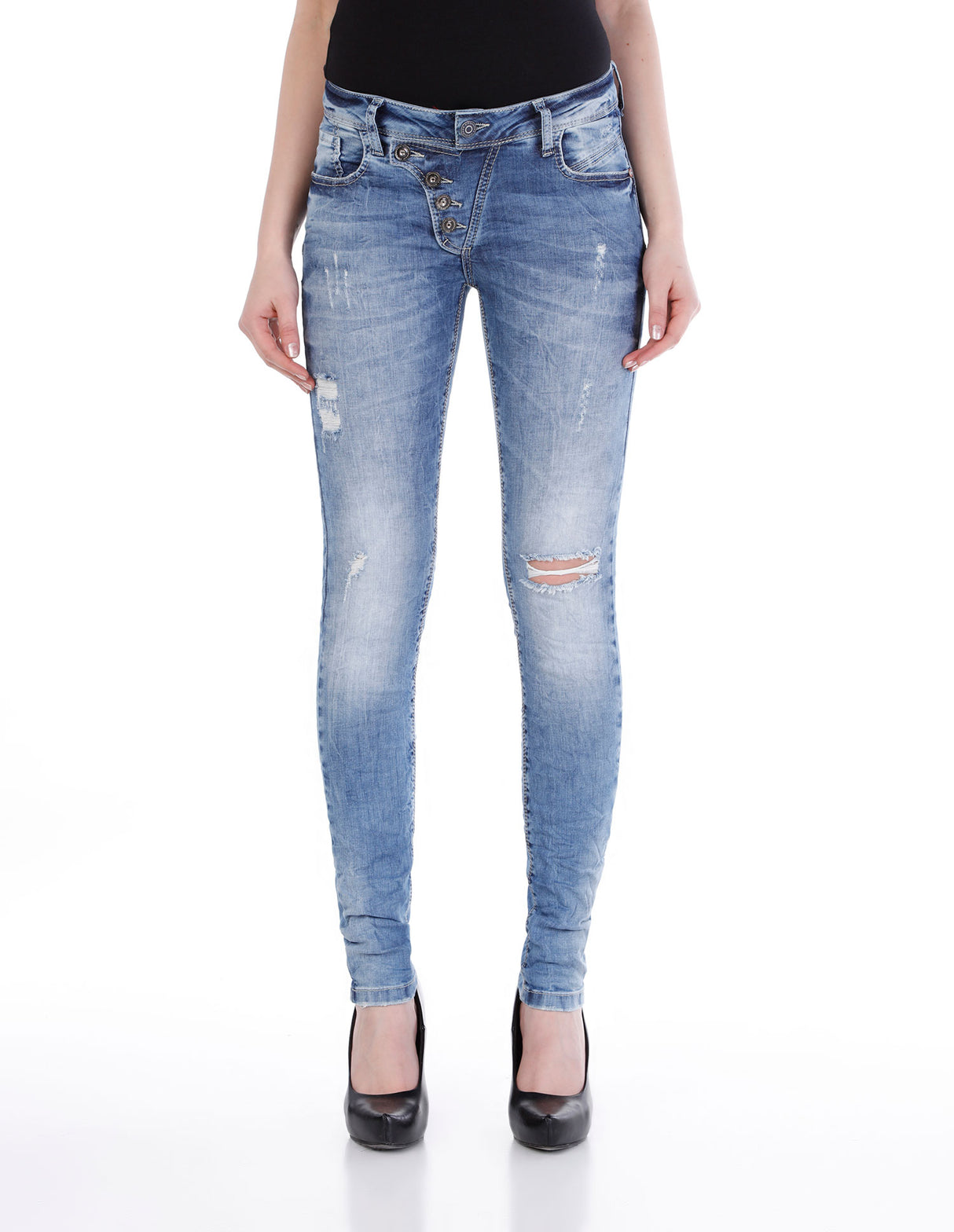 WD214 Femmes Slim-Fit Jeans dans le look usagé occasionnel