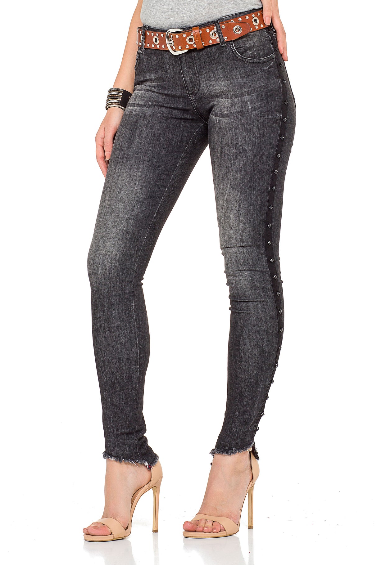 WD341 jeansy damskie o kroju skinny z nitami